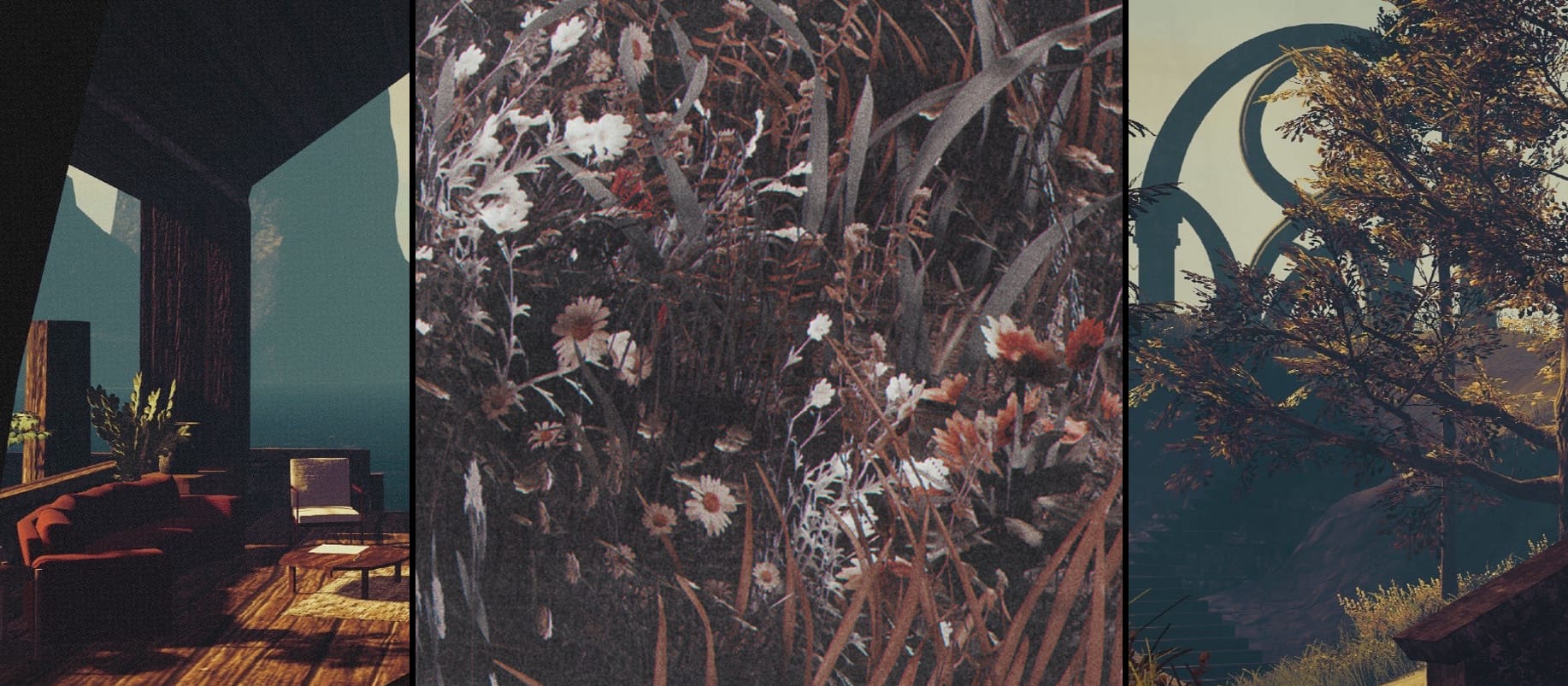 From left to right: a living room by the sea, a close-up detail of grass and flowers, and a mysterious gate on a hill behind some trees.