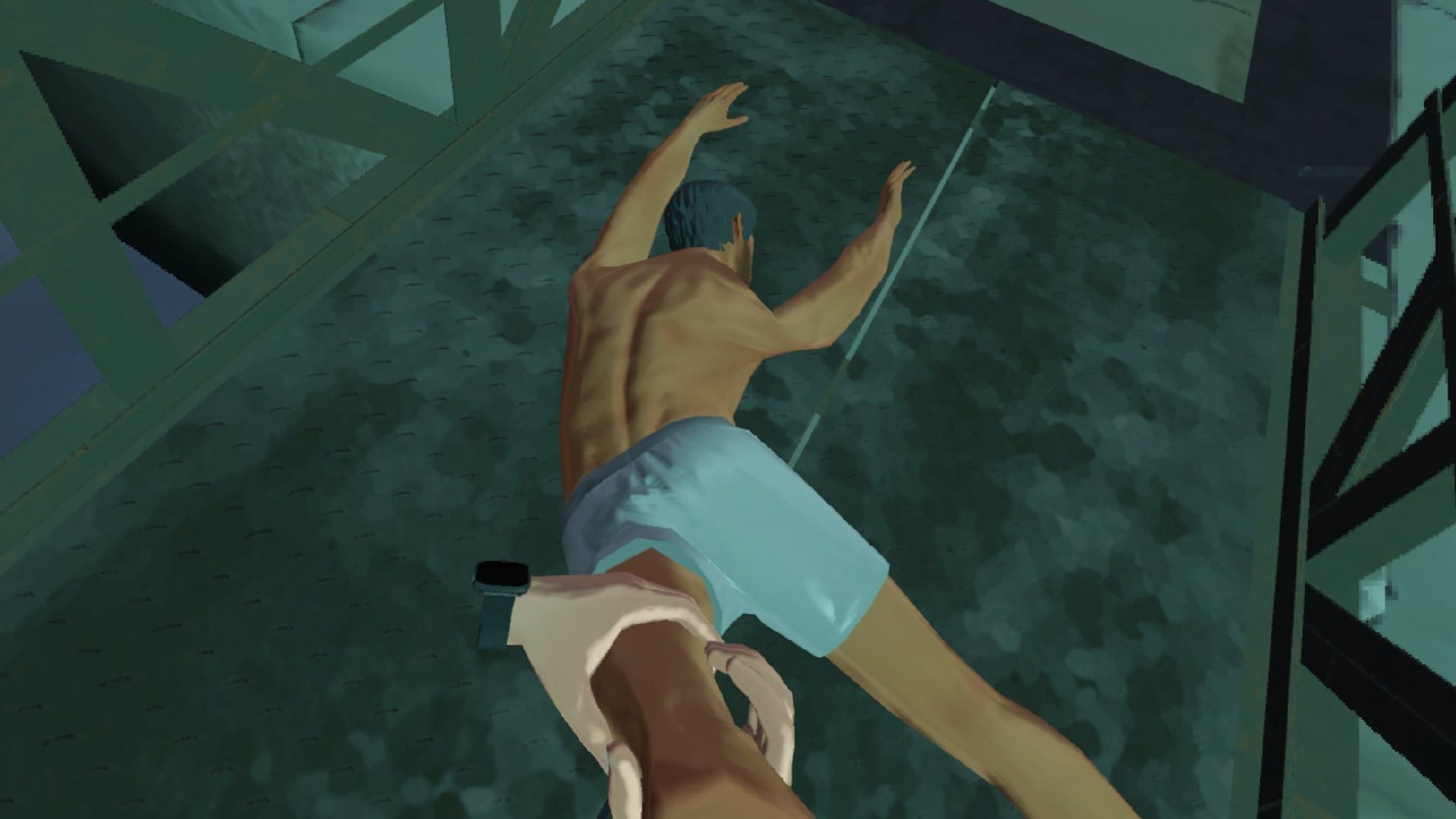 Player dragging an unconcsious body with only shorts on in Hitman 3 VR Reloaded