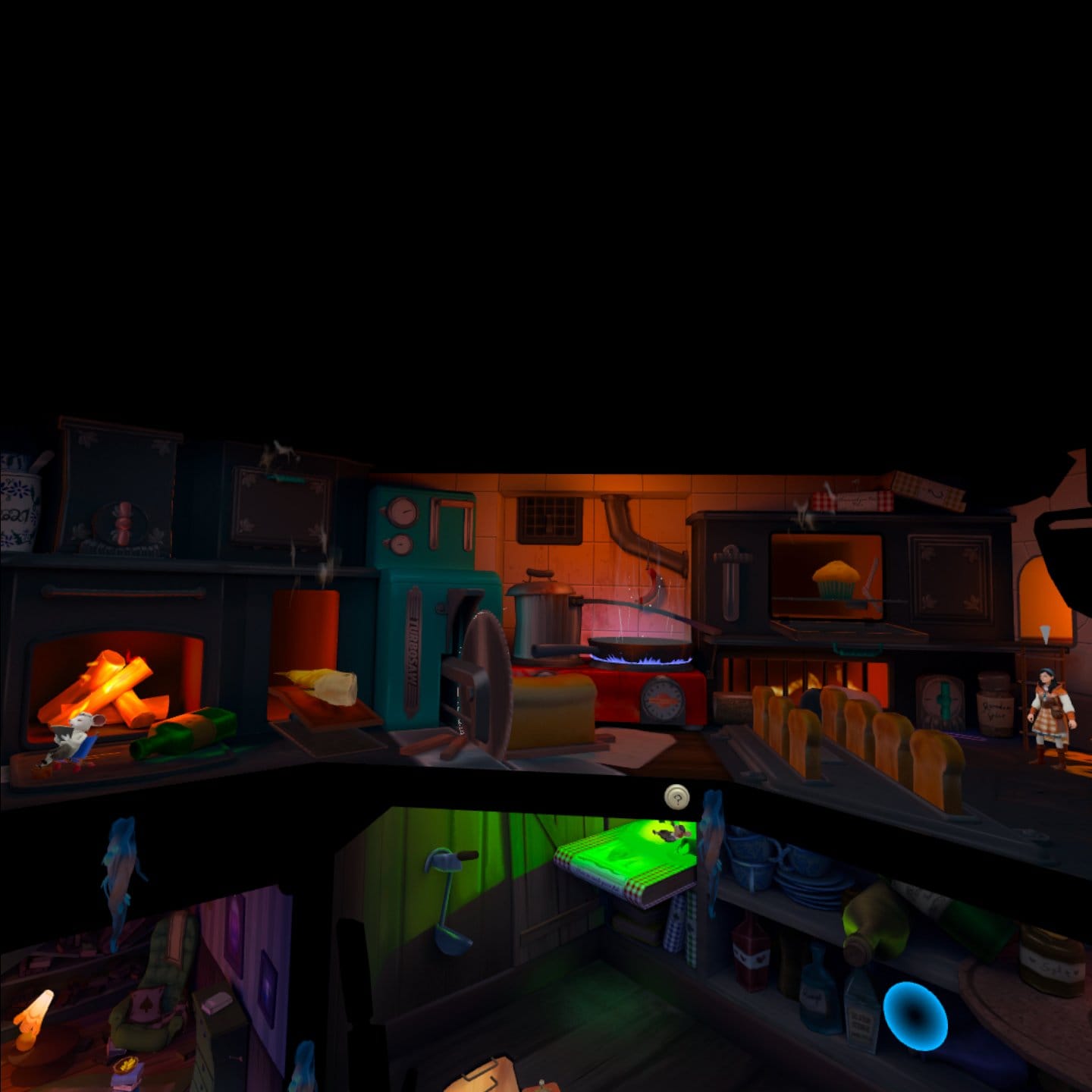 Escaping Wonderland screenshot shows a diorama-style environment with multiple visible rooms