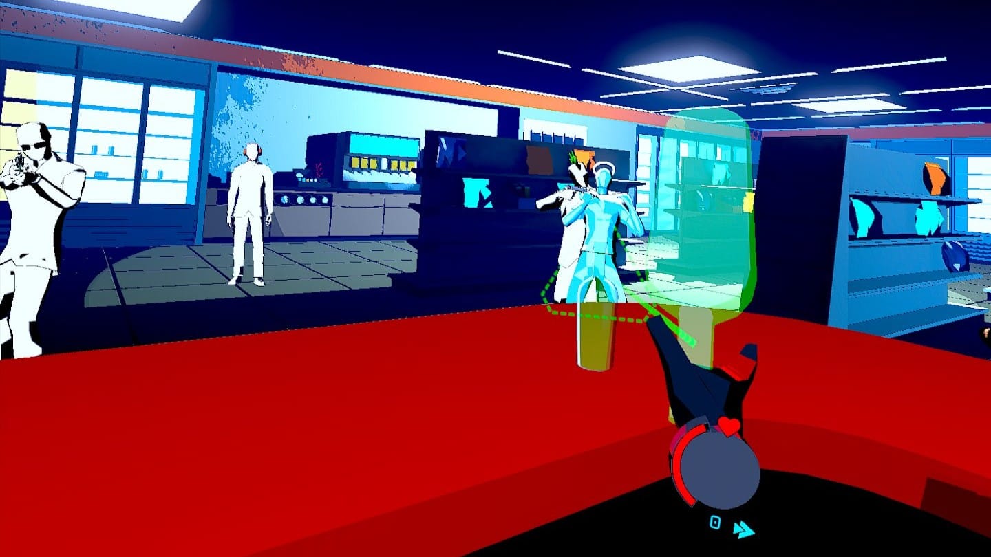 Vendetta Forever screenshot shows you aiming a bottle at an enemy standing across a red counter