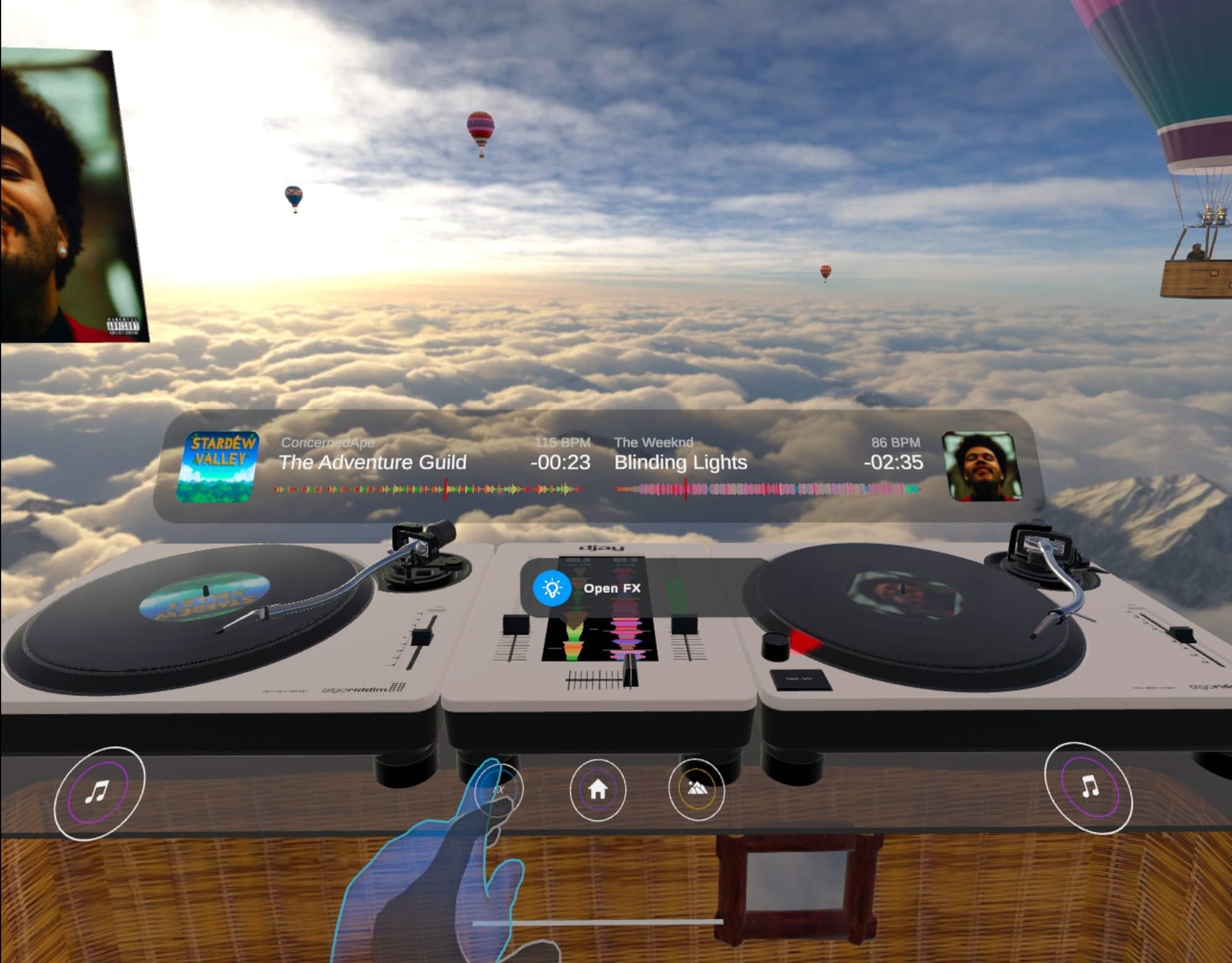 djay on Quest screenshot shows you on a hot air balloon above the clouds playing two songs