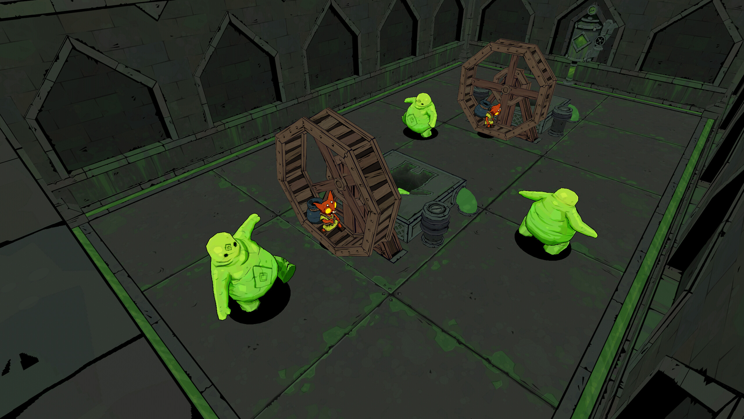 Underworld Overseer screenshot shows two minions in a spinning wheel surrounded by puffy green creatures