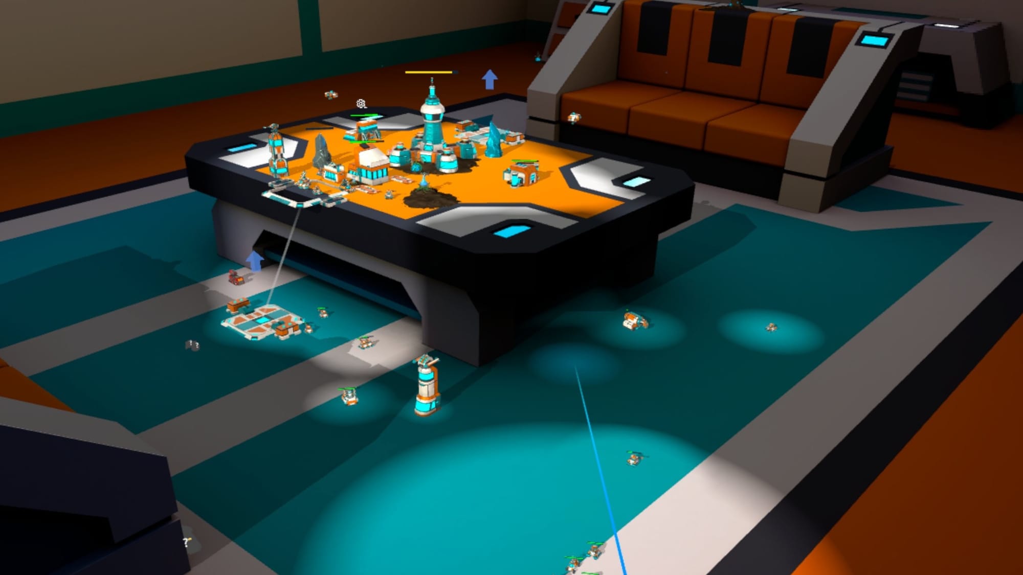 Crystal Commanders screenshot shows units positioned across a fully virtual living room