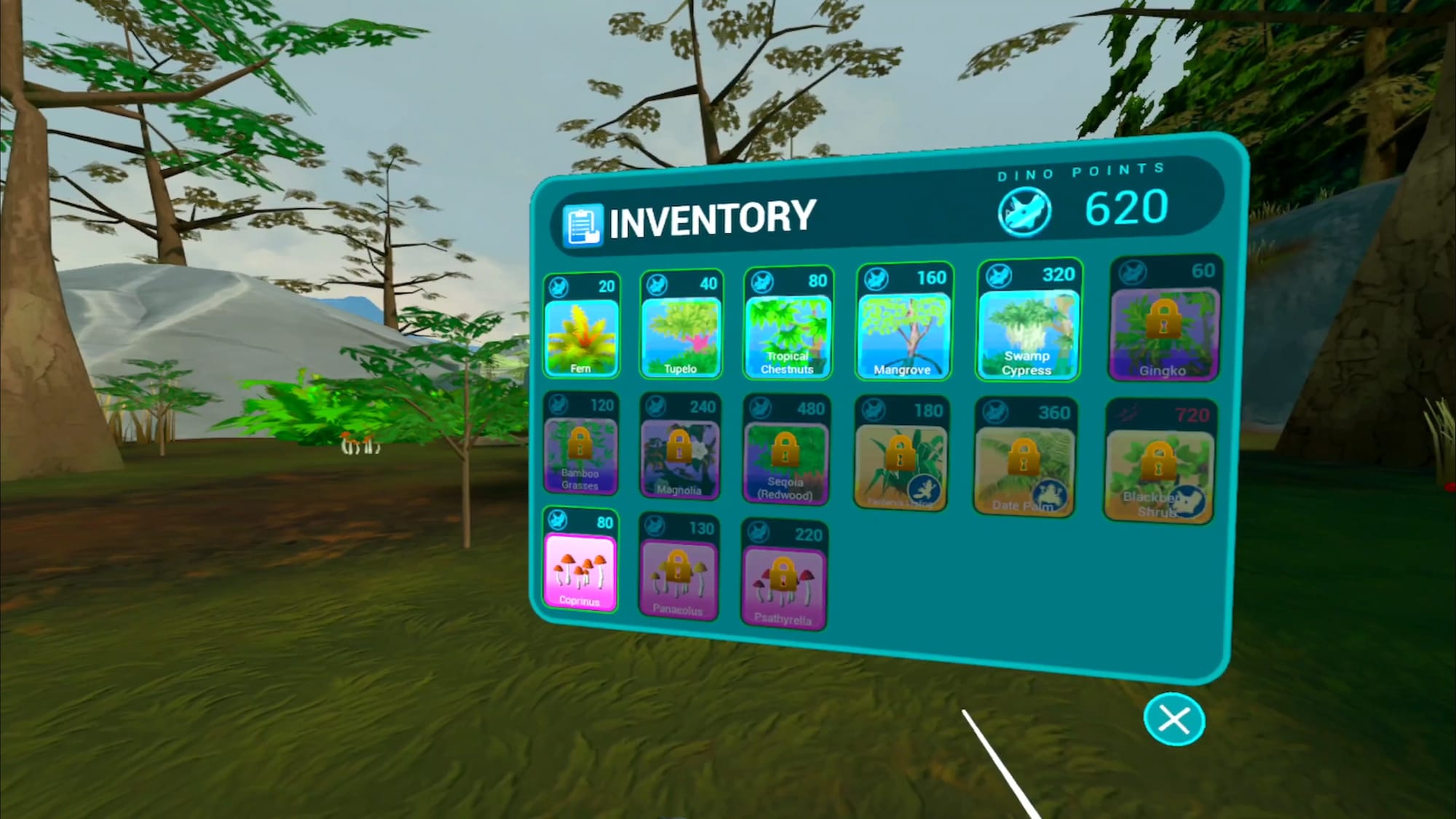 Dino Hab screenshot shows a menu with your inventory