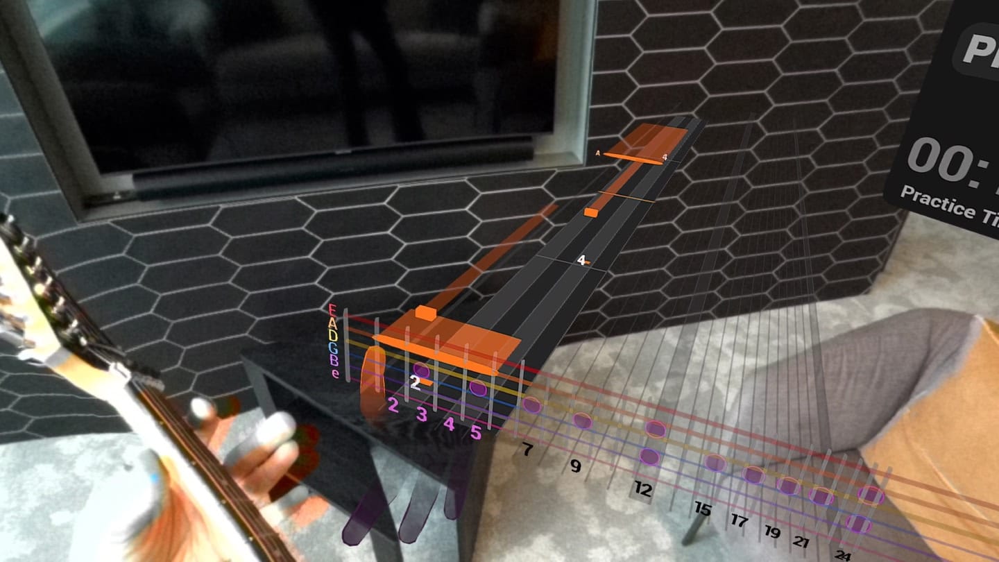 Immerrock screenshot shows a guitar being played in mixed reality with digital assistance