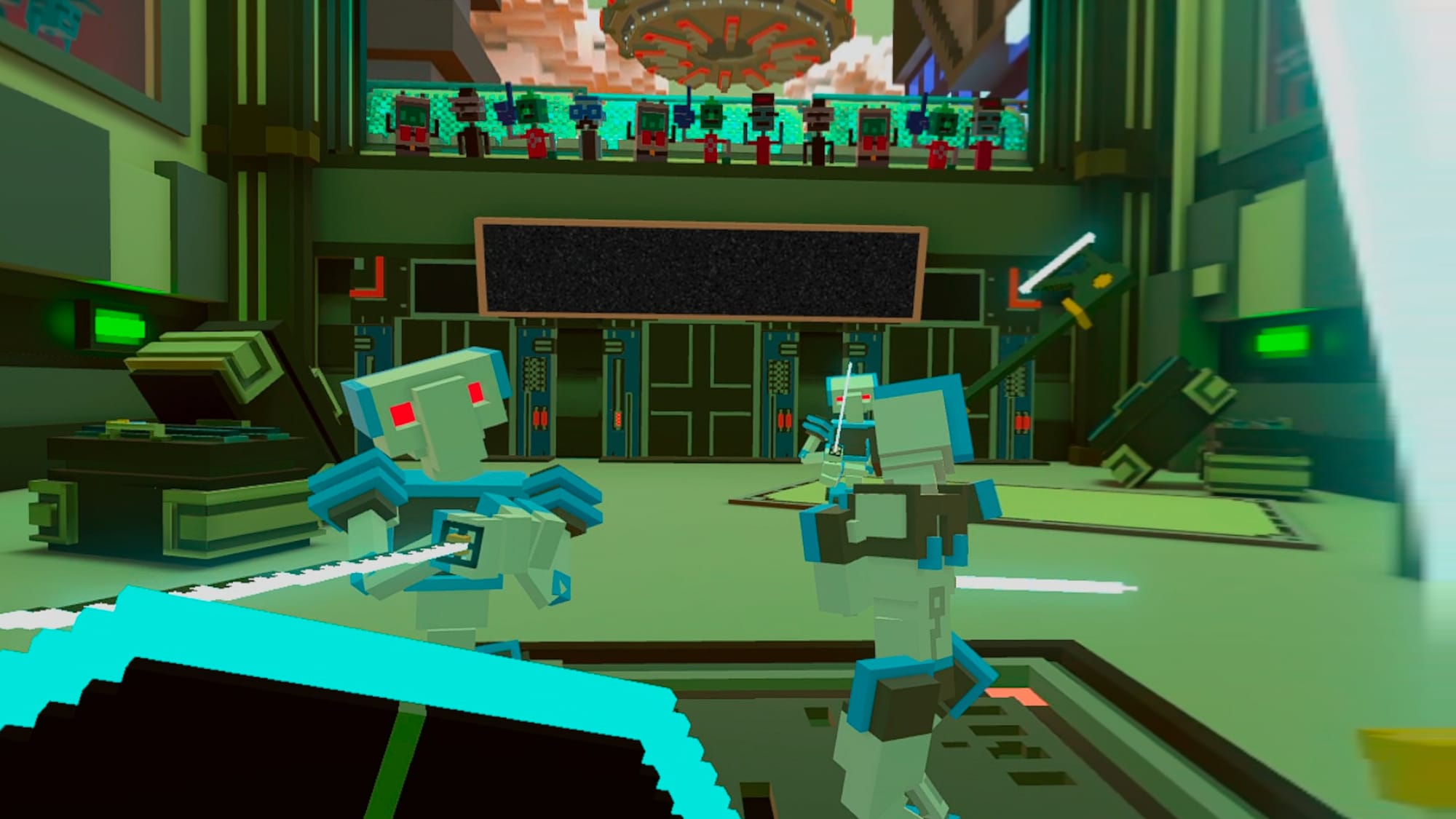 Three enemies trying to attack you while the POV character holds a sword and shield