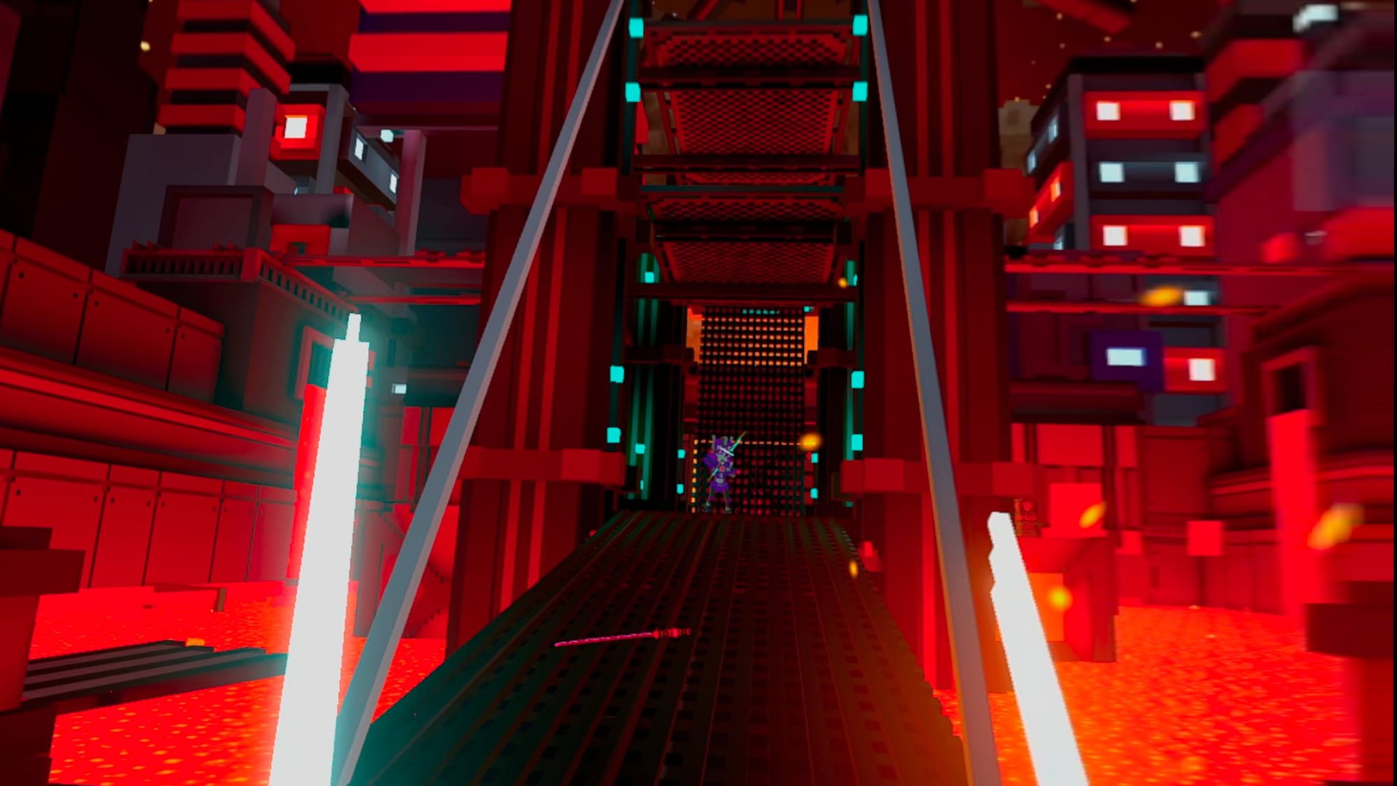 A bridge over lava leading towards an enemy with a bow