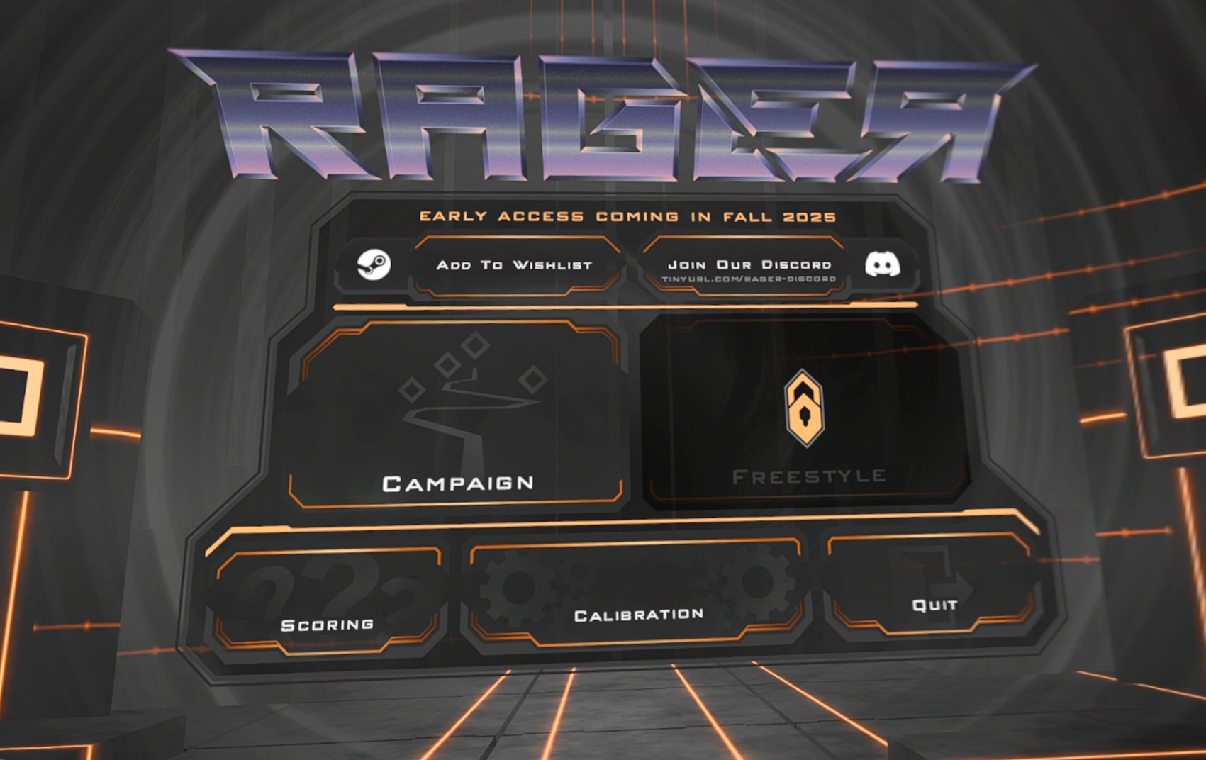 the main menu of RAGER, a VR video game