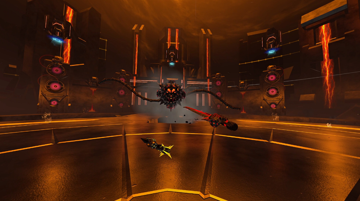 the player faces off against a large droid while armed with a sword and mace
